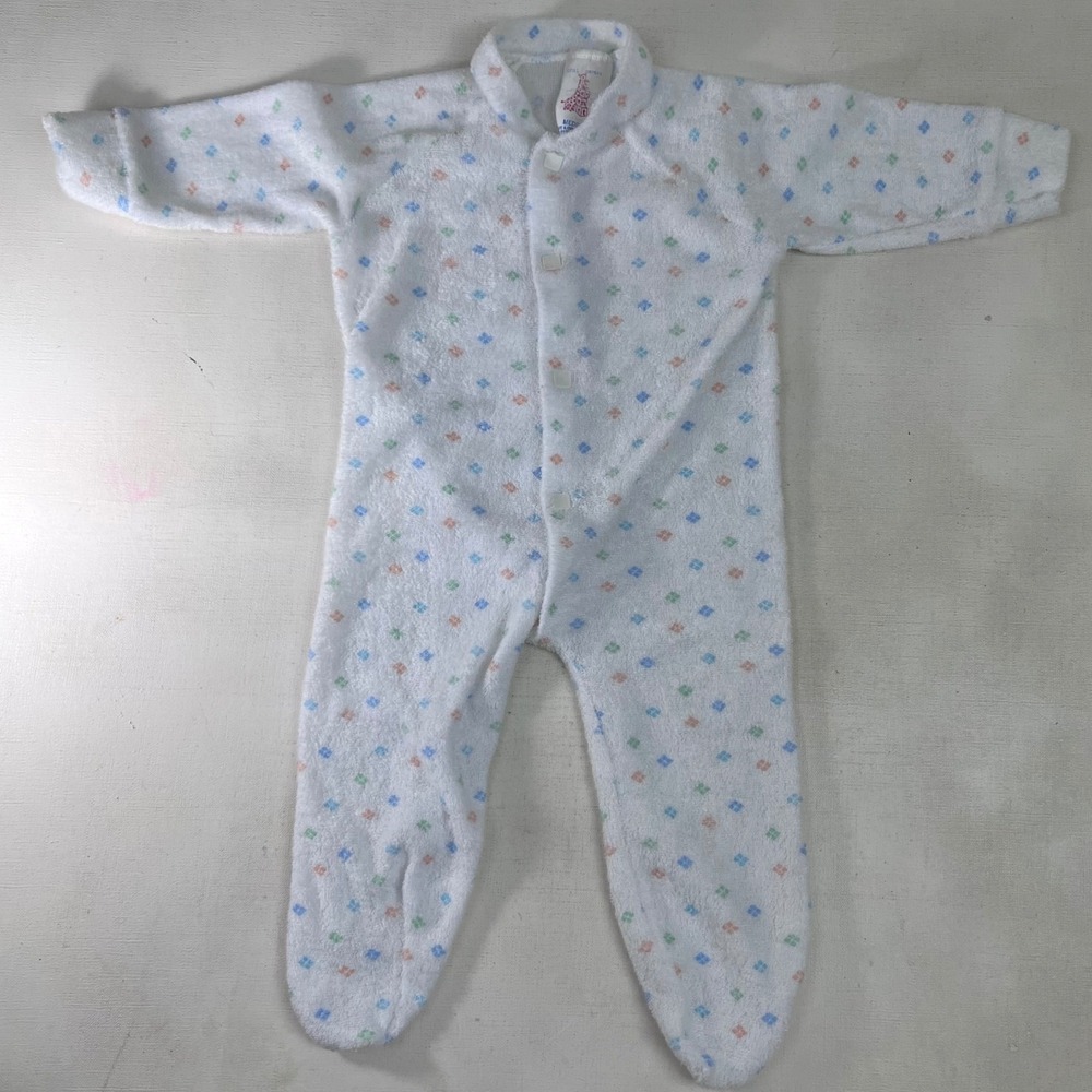 Petit Baby Sleeper One Piece Footed Pajamas White Blue Green 3 Month Vintage
